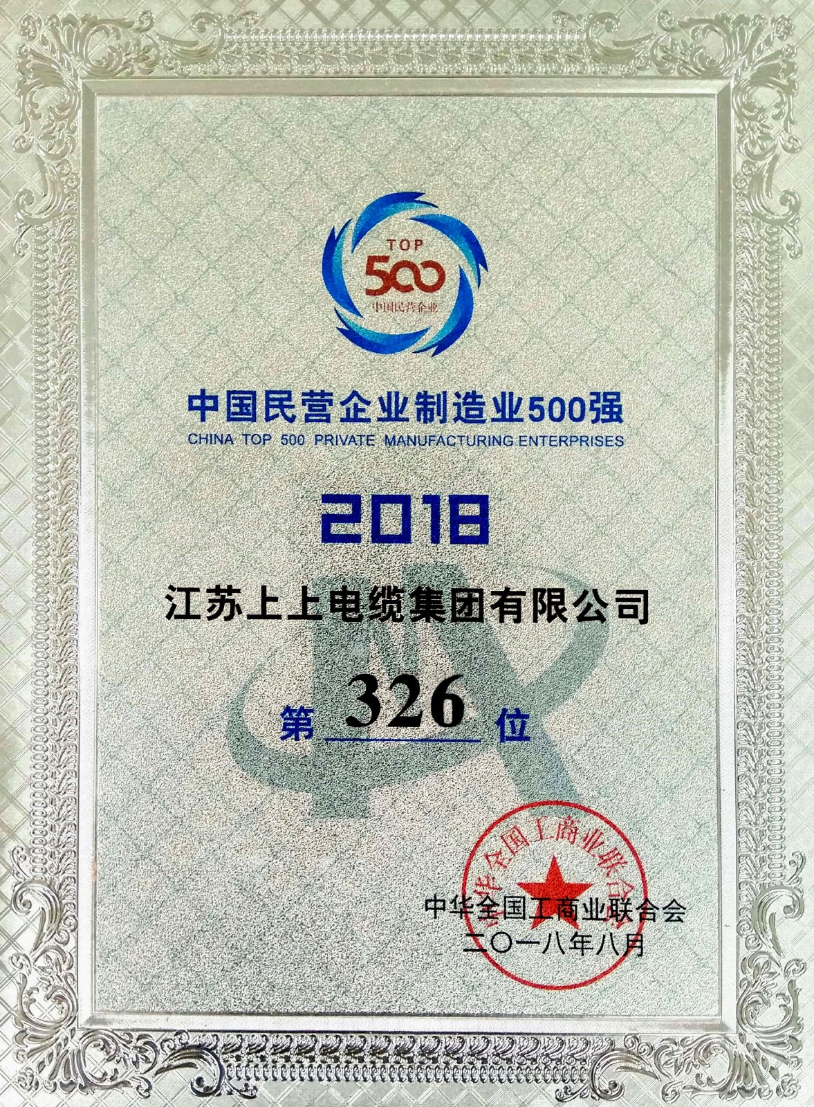 上上電纜連續(xù)八年入圍中國(guó)民營(yíng)企業(yè)制造業(yè)500強(qiáng)